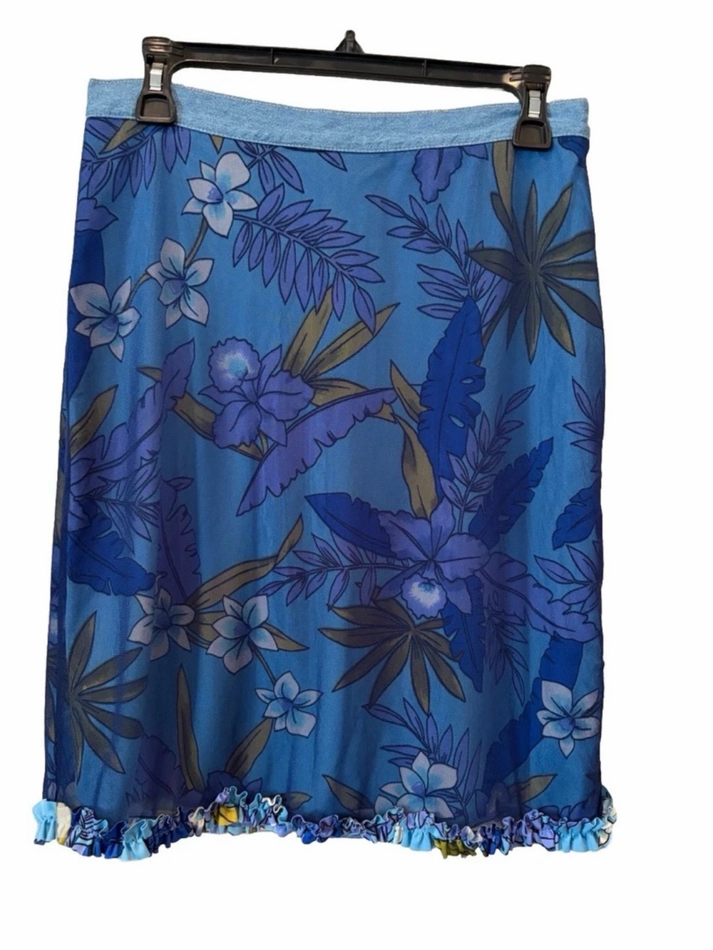 Planet Gold Blue Tropical Floral knee length Skirt size 11 juniors